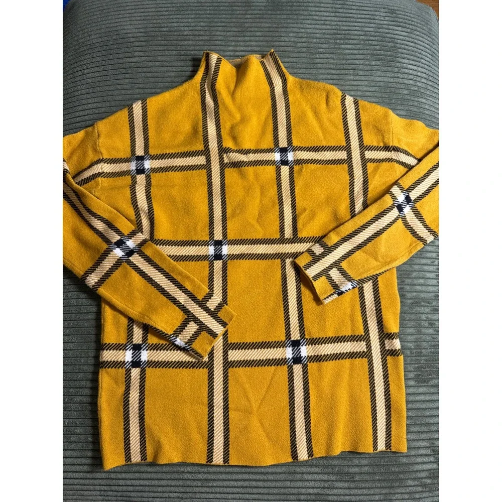 Tahari Yellow Plaid Mock Neck Long Sleeve‎ Sweater Top Women's Size S
